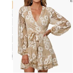 Lace Wrap Mini Dresses Floral V Neck Ruffle Short Dress with Belt